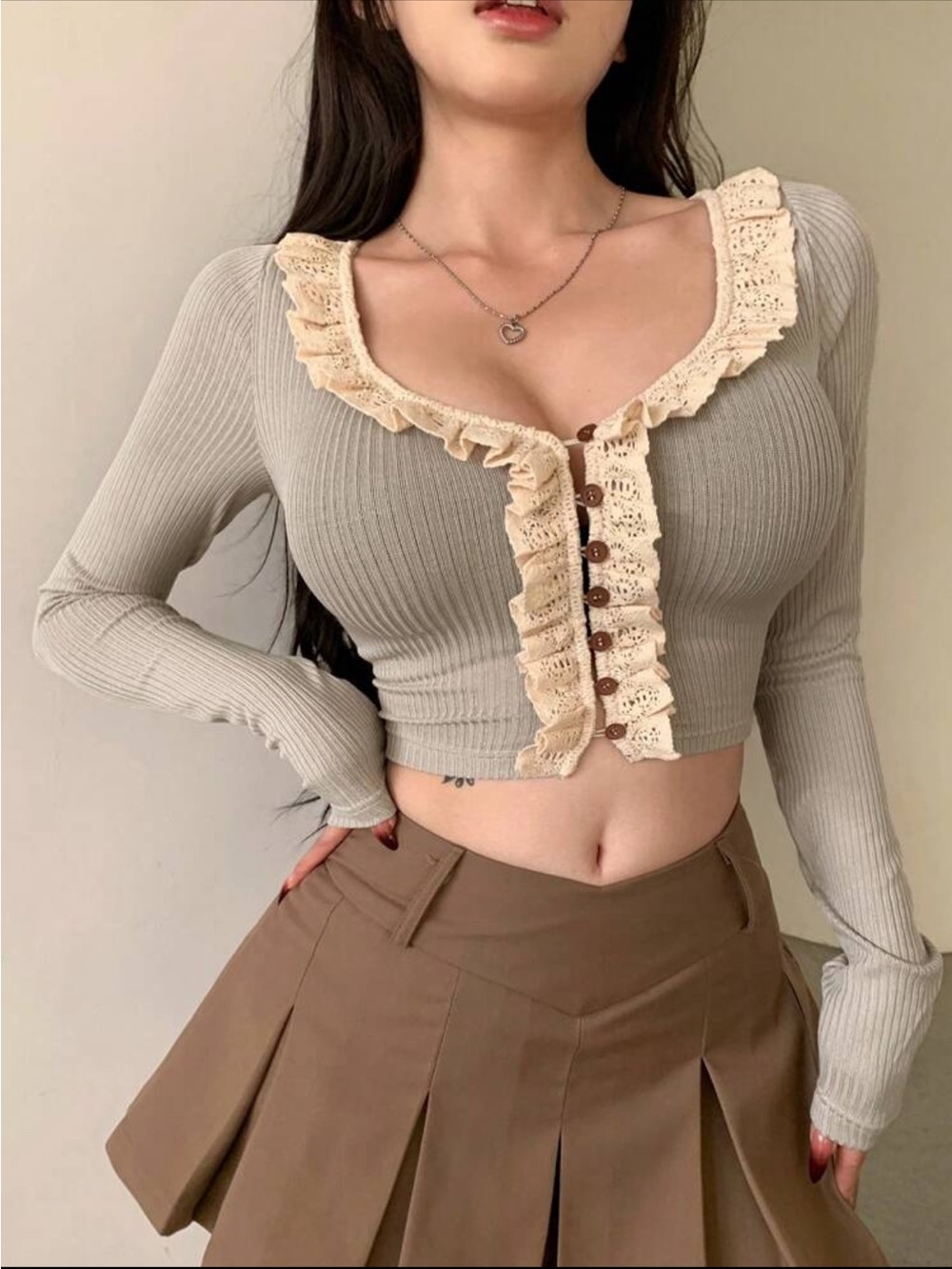Cream Ribbed Ruffle-Trim Long Sleeve Crop Top - Picture 5 of 10